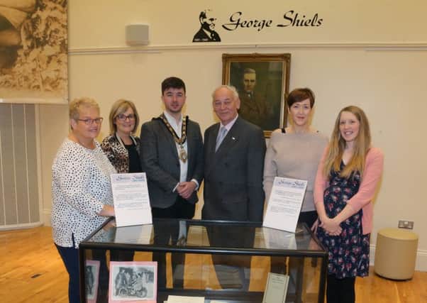 The Mayor of Causeway Coast and Glens Borough Council Councillor Sean Bateson pictured at a new exhibition in Ballymoney Museum celebrating the life of George Shiels with Valerie Stewart, Elaine Lee, Mac Pollock from Ballymoney Drama Festival, Yvonne Simpson and Jamie Austin, Museum Officer, Causeway Coast and Glens Borough Council at the opening of the George Shiels exhibition in Ballymoney Museum