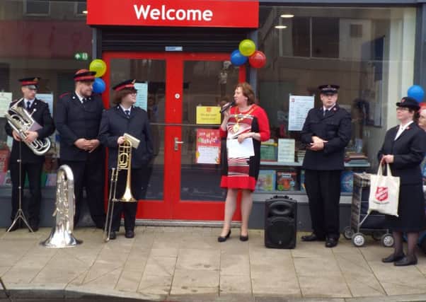 The Mayor, Cllr Maureen Morrow, officially opening the Salvation Army premises on Larne Main Street.