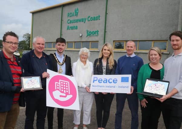 The Mayor of Causeway Coast and Glens Borough Council Councillor Sean Bateson pictured with Andrew Charles, Peace IV Officer, Councillor Dermot Nicholl, Chair of the Causeway Coast and Glens PEACE IV Partnership, Patricia Crossley, Vice-Chair of the PEACE IV Partnership, Sarah Fanin, GIS Officer, Nial McSorley, Digital Services Manager, Louise Scullion, Community Development Manager and Rory Flanagan, Peace IV Shared Space Research Officer at the launch of the Peace IV Community Facilities Mapping Project