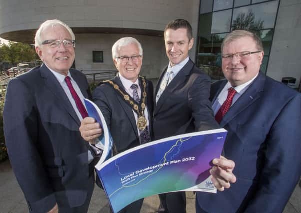 Pictured at the launch of the draft Lisburn & Castlereagh Local Development Plan are: Alderman Allan Ewart MBE, Chairman of the Development Committee; the Mayor of Lisburn & Castlereagh City Council, Councillor Alan Givan; David Burns, Chief Executive and Councillor Jonathan Craig, Chairman of the Planning Committee.