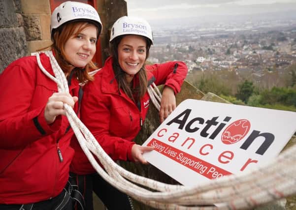 Action Cancer's Fundraising Team members Laura McCoy and Lynn Sanderson encourage people from Mid Ulster to sign up for the Twilight Abseil on Thursday, November 7