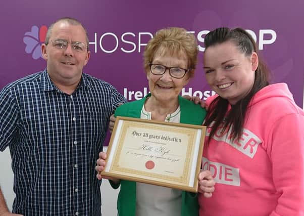 Hilda pictured with Whiteabbey Residents' Association Chair, Emmanuel Mullen and Vice chair Lynsy-Marie Douglas.