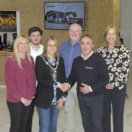 Lord Mayor, Cllr Mealla Campbell is welcomed to Alternative Heat, Banbridge by Managing Director Connel McMullan, included is Marketing Administrator Philip Ervine, HSEQ Manager Brian Hazzard., Head of Economic Development Nicola Wilson and Economic Development Officer Cathy Harris