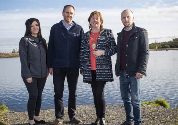 Hannah Currie RPS, David McClean, NI Water, the Mayor of Mid and East Antrim, Cllr Maureen Morrow and Mark Rogers, Euro Services, at Woodburn South reservoir.