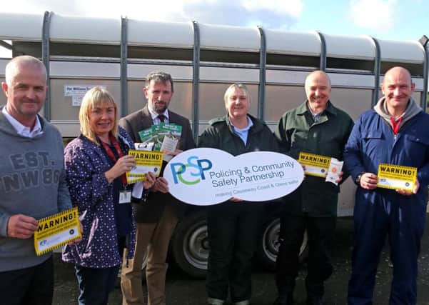Constable Peter McKearey, Judith Lavery, Crime Prevention Officer, Councillor George Dudd chairman of CCGBC PCSP,  Constable Sonya McMullan, Constable Ronnie Curlett and Constable Aaron Coyle pictured at the property marking event in Armoy