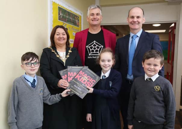 Mathemagician Andrew Jeffrey celebrated all things numerical with North West primary schools St Eugene's, St Anne's The Model, Rosemount and St Ethane's for Maths Week 2019 
Pictured with Andrew Jeffrey is Mayor of Derry City and Strabane, Cllr Michaela Boyle, Paul Bradley, Principal of Rosemount PS which hosted the special Maths Week event and pupils Oran McCourt (St Anne's PS) Aimee Johnstone (Rosemount PS) and Tyler Wilson (Model PS).