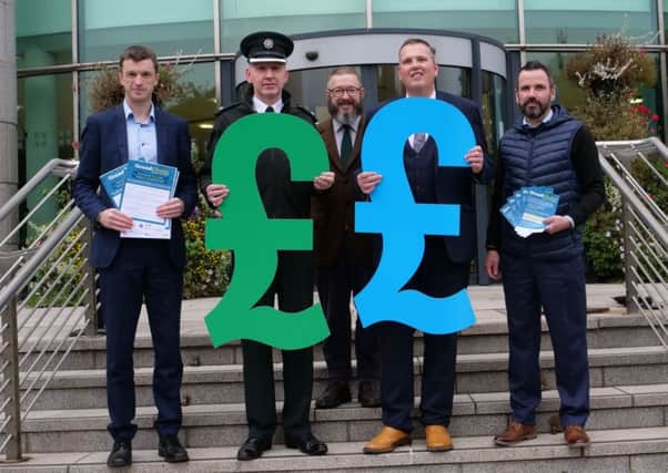 Pictured promoting the new 'Grand Choice' funding scheme for the Killultagh area with Councillor Andrew Ewing, Chairman of the Lisburn & Castlereagh PCSP and Superintendent Beck, PSNI are representatives of the partner organisations: Jason White, SEHSCT; Stephen Semble, NI Housing Executive and Conleth Donnelly, Sport NI.