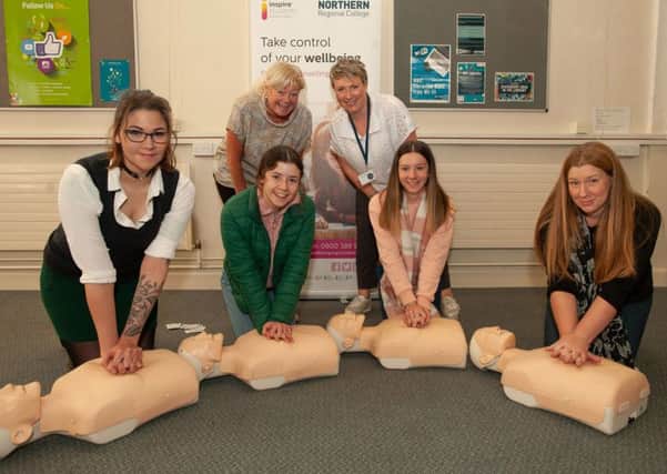 NRC Students Alison Reed, Sarah Thompson, Emma Henry and Alison Kyle along with their lecturers Anne Breen and Anne Marie McAleese get involved in the Colleges CPR training initiative as part of World Restart a Heart Day.