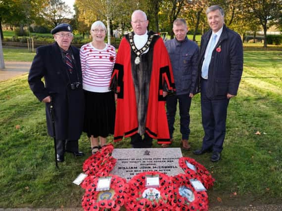 The Mayor, Alderman John Smyth, unveiled the memorial stone, included (left to right) are Jackie and Etta Mann, Eddie Beck and Paul Girvan MP.