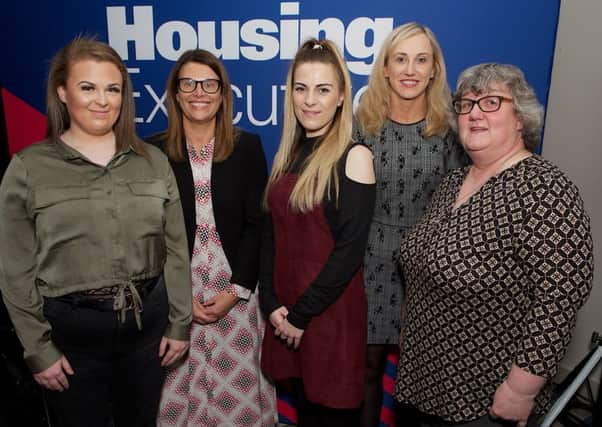 Pictured L-R are Peer Mentoring Project Apprentice, Saoirse McEvoy, the Housing Executives Caroline Connor, Peer mentoring Project Apprentice, Blair Anderson,  the Northern Ireland Youth Forums Amanda  Stewart and the Department for Communities Avril Hiles.(Photo - Tom Heaney, nwpresspics)
