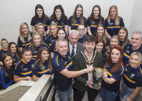 Mayor Cllr Sean Bateson, pictured with team Manager, Barry Farren, Cpt Hannah Caldwell, Chairman, Ronan Curley, Assistant Manager, Patrick Derry and players at a reception held at Limavady Council Headquarters..