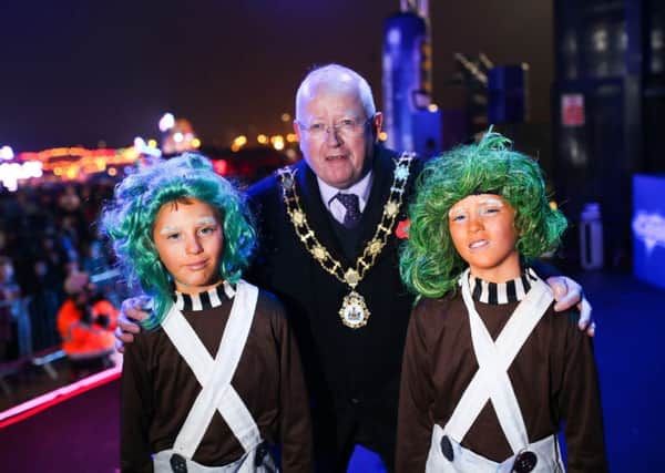 Mayor, Ald John Smyth is pictured with the winners of the age 8-12 fancy dress category, Cory and Finn O'Donnell at the Spooked Out at V36 event.