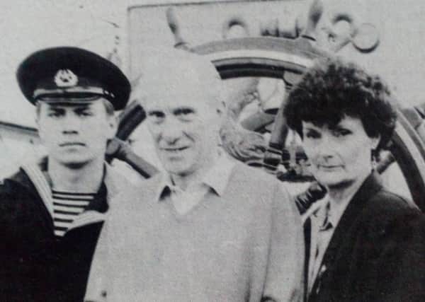 Ernie and Eileen Mills of Prince's Gardens met crew members of the Russian tall Ship the Sedov on its visit to Larne. 1992
