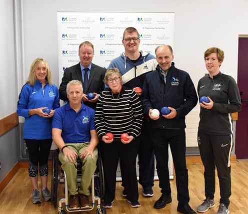 Pictured at the launch are from left Barbara Redmond-Disability Sport NI, Disability Sports Hub Activity Leader, Aubrey Bingham-Disability Sport NI, Community Sport Manager, Graham Norris - Progressive Building society, Regional Manager, participants from the Lisburn and Castlereagh Disability Sports Hub Boccia Group, Michael McAteer MBE, Disability Sport NI, Chairperson, Christine Duncan, Lisburn and Castlereagh City Council, Sports, Sports Development