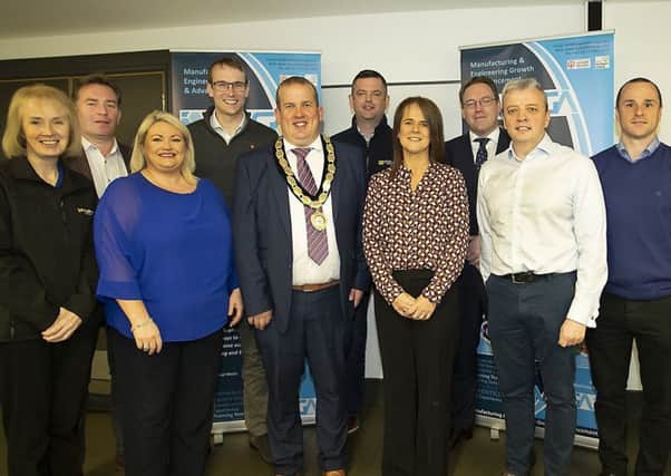 Pictured ahead of the launch of MEGA (Manufacturing & Engineering Groiwth & Advancement) Event are from Left to Right: Roisin McCabe (Specdrum), Shane Nugent (Nugent Engineering), Ciara Kilpatrick (InvestNI), Leigh Falls (Nugents), Clement Cuthbertson (MUDC), Dominic Young (Steelweld), Maria Curran (MEGA Project Director), Alan McKeown (Chair Mid Ulster Skills Forum), Darragh Cullen (Edge Innovate), Colm McGrath (Northern Hydraulics), Sinead Gaynor (Mallaghans), Paul McCreedy (MUDC), Clodagh McGovern (Mallaghans).