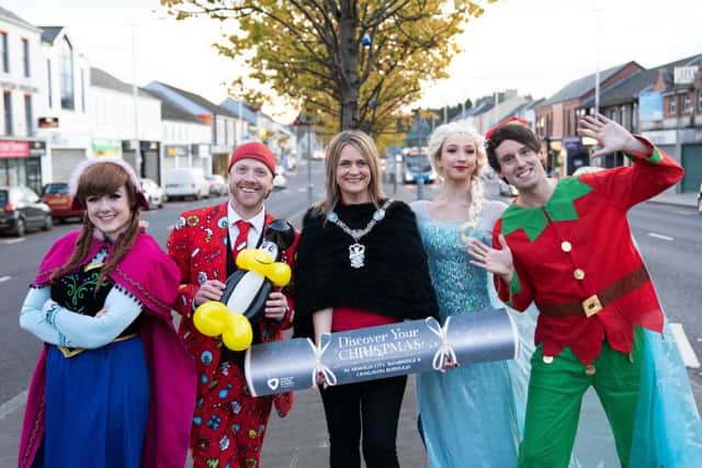 Lord Mayor Mealla Campbell is pictured in Banbridge town centre with some of the performers appearing at this years Twilight Market and Christmas Lights Switch-On event on Friday, November 29