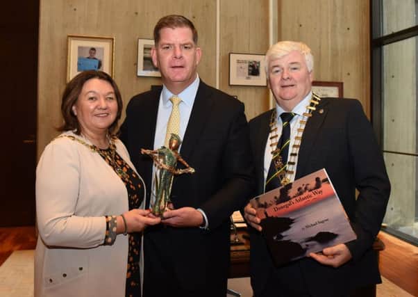 Mayor of Derry City and Strabane District Council Cllr Michaela Boyle and Donegal County Council An Cathaoirleach Cllr Nicolas Crossan pictured with the Mayor of Boston Marty Walsh.