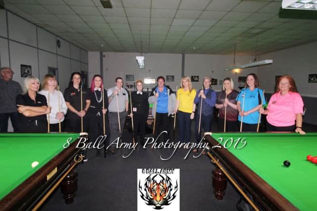 Pictured are NI Ladies Snooker Tour Event players who attended the 147 Snooker Club in Antrim recently. Included are Chucky Tasha Preston, Cathy Peg, Alex Flop Flip Babb, Mary Cunningham, Avril Preston, Debra Murphy, Andrea Mcalister, Roisin Smith, Jean Mcilroy, Susan Graham, Ciara Furgrove-Crawley and Claire Stewart