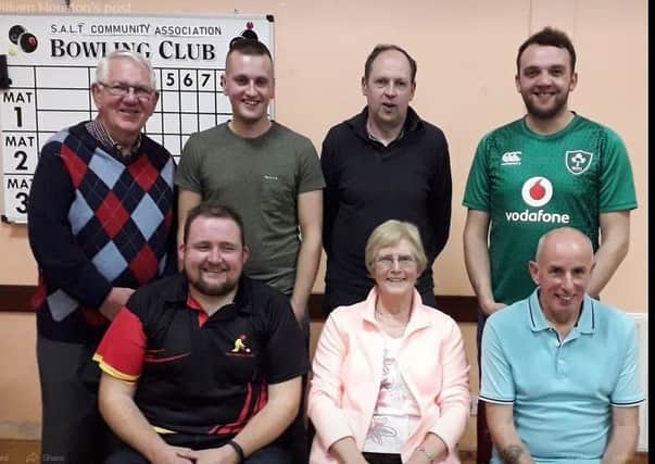 Finalists in the S.A.L.T. 3rd Annual Singles Bowling Tournament, [Back row, left to right] Alan Lindsay [Organiser], Curtis Nutt, Ivan McClintock and James Rutledge [Runner-up].  Front Row, left to right, Gary McNabb [Winner], Evelyn Galbraith and Ivan South.