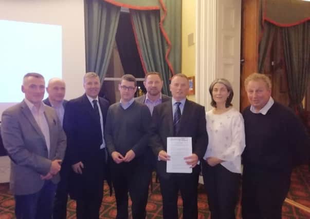 South Antrim General Election candidates Declan Kearney, John Blair, Paul Girvan, Roisin Lynch and Danny Kinahan pictured with NoArc21 representatives at Belfast Castle.