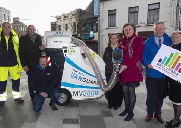 Mayor of Mid & East Antrim, Cllr Maureen Morrow, pictured with (L-R) John Penny (Operator), Adrian Sharkey, (Ice Cleaning.ie Sales Agent), Jeff Hamill, (MEABC), Tracey Campbell, (MEABC), Stephen Reynolds (BID Chairman) and Ald Audrey Wales.