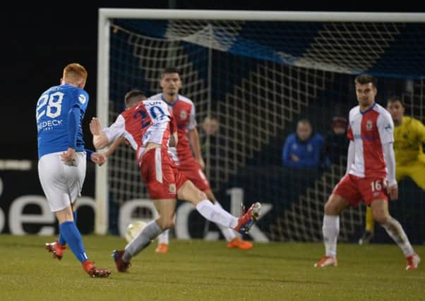 Robert Garrett's deflected shot secured victory for Glenavon over Linfield. Pic by Pacemaker.
