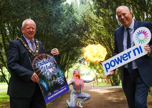 Power NI Light Up this year's Enchanted Winter Garden. Mayor of Antrim and Newtownabbey, Alderman John Smyth is pictured with Stephen McCully Managing Director Power NI And Sarah McIlmoyle at the official launch at The award Winning Antrim Castle Gardens.