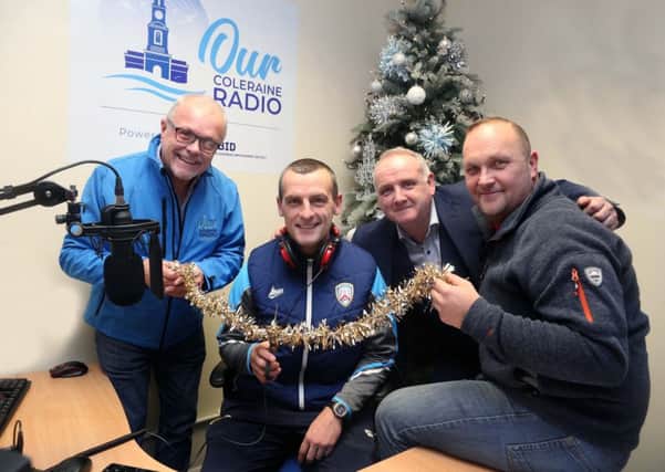 Oran Kearney Coleraine FC Manager who opened 'Our Coleraine Radio' Station' with Station Manager Denis McNeill, Jamie Hamill Coleraine BID Manager and Adrian Johnson, Breakfast Show presenter.PICTURE KEVIN MCAULEY/MCAULEY MULTIMEDIA