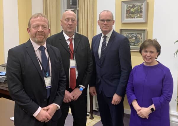 From left, Ken Funston (SEFF), John Sproule, Irish Foriegn Minister Simon Coveney and DUP MEP Diane Dodds pictured after their meeting in Dublin to discuss alleged Garda-IRA collusion in the murder of John's brother, Ian.