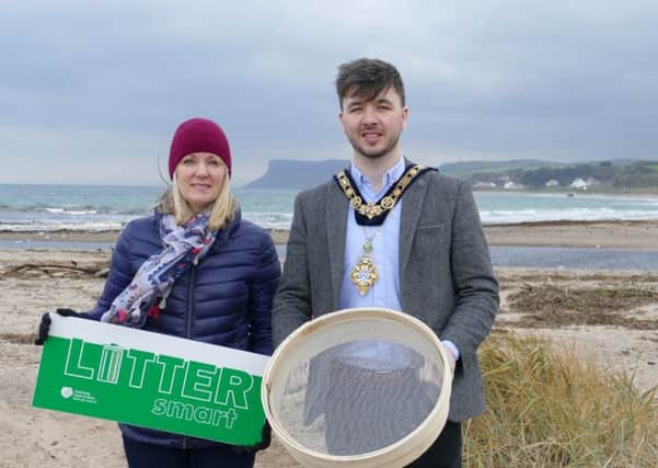 The Mayor of Causeway Coast and Glens Borough Council Councillor Sean Bateson, pictured at Ballycastle Beach with Environmental Resources Officer Janice Dunlop, is calling on members of the public to take part in The Great Nurdle Hunt around our iconic beaches and coastline as part of the Councils #LitterSmart initiative