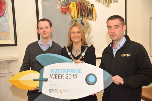 Lord Mayor of Armagh City, Banbridge and Craigavon Councillor Mealla Campbell and Samuel Marshall, business advisor, Banbridge District Enterprise with new business start up Ross Electrical and Wholesale Ltd, run by Ross Curran which stocks a range of electrical and household appliances, open to the trade and public in Banbridge