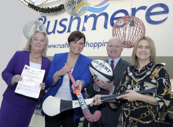 Pictured at the launch of the Council Senior Sports Awards are The Lord Mayor, Councillor Mealla Campbell, Edith Jamison, Chair of the Armagh, Banbridge and Craigavon Sports Forum Martin Walsh, Sponsor, Rushmere Shopping Centre and Denise Watson, compere