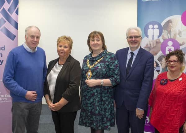 Mayor Cllr Maureen Morrow along with Speakers, Dr Brian Hunter, Marjorie Hawkins, Chair of Mid & East Antrim Loneliness Network, MC Hugh Nelson NHSCT and Cllr Geraldine Mulvenna (Dementia Choir).