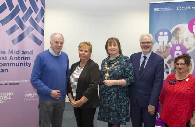 The Mayor, Cllr Maureen Morrow, with Dr Brian Hunter, Marjorie Hawkins, chair of Mid & East Antrim Loneliness Network, MC Hugh Nelson, NHSCT and Cllr Geraldine Mulvenna, Dementia Choir).