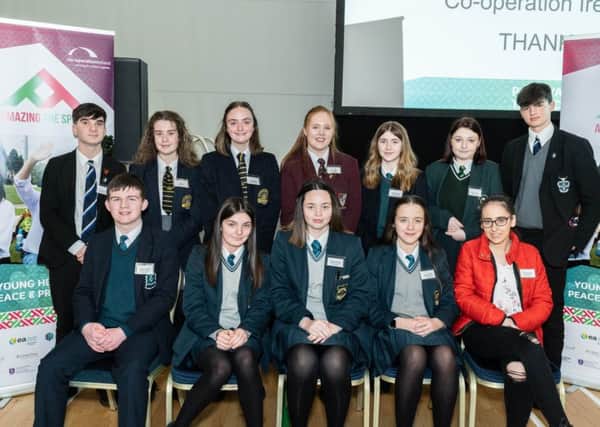 The young people from Foyle College, St Patrick's and St Brigid's College, St Columb's, St Mary's, St Joseph's and Lumen Christi College who made up the Peace Tree Committee pictured at Friday's Foyle Arena event.