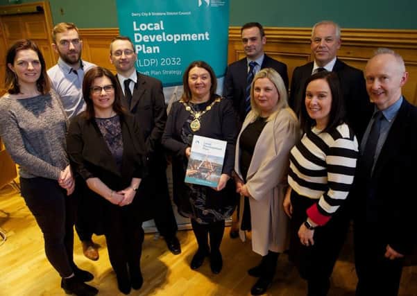 Mayor of Derry City and Strabane District, Councillor Michaela Boyle, pictured with members of the Councils Planning Team, launching the Draft Local Development Plan 2032 at the Guildhall. Included are John Kelpie, Chief Executive, Derry City & Strabane District Council, Karen Phillips, Director of Environment and Regeneration, Maura Fox, Councils Head of Planning, and Proinsias McCaughey, Principal Planning Officer.  (Photo - Tom Heaney, nwpresspics)