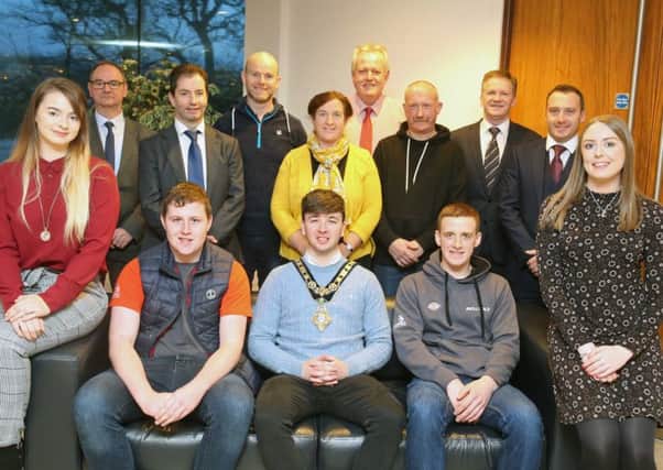 The Mayor of Causeway Coast and Glens Borough Council Councillor Sean Bateson hosted a reception for successful Northern Regional College apprentices who qualified for the WorldSkills UK live finals in Birmingham. Included in the photo are front row L to R, Abigail Reilly, apprentice plumber with Dowds Group, Patrick McCloskey, apprentice carpenter with Dan Mullan, Glenullin; Samuel Gilmore, apprentice carpenter with Mark Pollock Joinery, Kilrea; Melissa Cunning, HR & Communications Co-ordinator Dowds Group. Back row, L-R, David Reilly, Abigail's father; Mel Higgins, Vice Principal and Chief Operating Officer, Northern Regional College; Dan Mullan; Edelene Gilmore, Ian Forsyth, carpentry lecturer;  Henry Gilmore; Brian Cunning, Director Dowds Group, Wesley Craig, plumbing lecturer, Northern Regional College