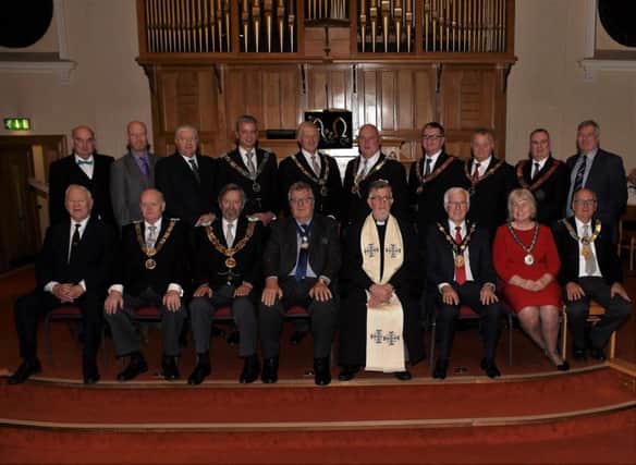 Pictured are M Eand S Comp Gordon Leathem BEM, Supreme Grand King, R W Bro Brian Gardner, Provincial Deputy Grand Master, R W Bro John Clarke, Provincial Grand Master of Down, W Bro Trevor Waddell, Chairman of Banbridge District Masonic Charity Committee, Rev Dr Mark Gray, Councillor Alan Givan, Mayor of Lisburn and Castlereagh City Council, Mrs Elizabeth Givan, Mayoress of Lisburn and Castlereagh City Council, R W Bro Gilbert Irvine - Provincial Grand Master of Armagh
Back: R E Sir Knt Arnold Imrie, Provincial Deputy Grand Superintendent, V Ex Comp Alan Woods, Trustee BDMCC, W Bro Mike Robinson, Trustee BDMCC, R W Bro David Selby, Provincial Assistant Grand Master, R W Bro Harold Henning, Provincial Assistant Grand Master, R W Bro Frank Williams, Provincial Assistant Grand Master, M Ex Comp Neil Coey, District Grand King of Down, R Ex Comp Alan Ferris, District Deputy Grand King, R Ex Comp Roy Humphries, District Assistant Grand King and R W Bro Ivan Boreland, Trustee BDMCC