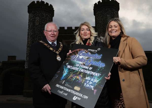 Mayor of Antrim and Newtownabbey Borough Council, Ald John Smyth with Ellen Boyd, Customer Accessibility Officer, Antrim and Newtownabbey Borough Council and Pamela Minford, Centre Manager, Castle Mall. Picture by  Darren KIdd /Press Eye.