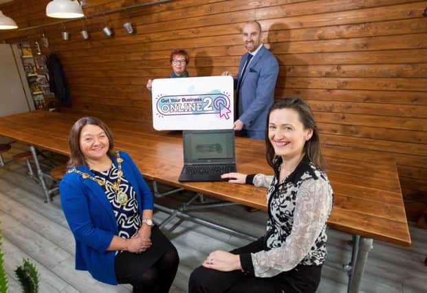 Derry City & Strabane District Council Mayor Michaela Boyle is pictured alongside Sinead Lynch, Derry City & Strabane District Council Business Officer, Leanne Rouse, Coordinator at the Grass Roots Cafe & Food Market, and Brian O'Neill, Enterprise North West at the launch of 'Get Your Business Online 2'.