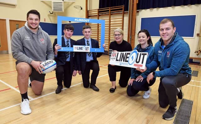 Pictured are Dromore High School pupils Johnie Thompson, Jack Allen alongside Gillian Orr, Phoenix Natural Gas and Stephanie Gleadhill, Lead
Nutritionist, Ulster Rugby