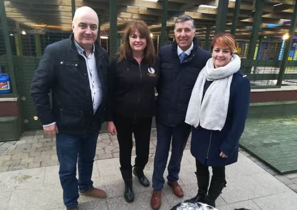 South Antrim DUP representatives Paul Girvan MP, Pam Cameron MLA and Trevor Clarke MLA pictured with Lydia McKay (Walkapaws).