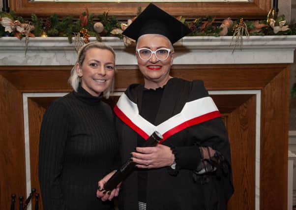 Karen Traynor (R), pictured here with her daughter Lindsey Campbell (L), was awarded a Level 5 Diploma in Leadership in Children Care Learning and Development at Northern Regional Colleges annual Higher Education graduation ceremony