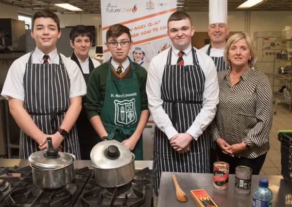Adam Eccles, Limavady High School, Cassius Clapton, St Mary's Limavady, and Andre Smith, Limavady High School, who competed in the Futurechef Regional Heats at North West Regional College. Also pictured are Leyonia Davey, Curriculum Manager, Hospitality and Catering, NWRC, Paul Sharkey, Bishop's Gate Hotel and Alice Quinn, Northern Ireland Project Team, Springboard. (Pic Martin McKeown).