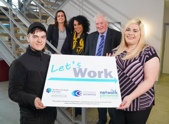 Orla McStravick, director of Infrastructure at TEO, Alex McKee programme manager of Lets Work, David McIlhagger, vice chair of Carrickfergus Enterprise, with participants Matthew Witherspoon and Natasha Kenny.  Photo by Aaron McCracken