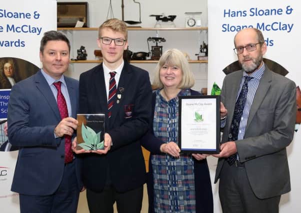 Isaac pictured with Professor Tom Moody and Dr Sally Montgomery of the Hans Sloane Trust. Also included is teacher Andrew Mauger.