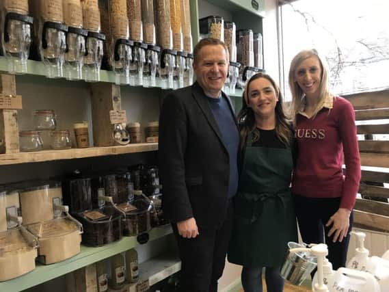 Cllr Paul Greenfield and Carla Lockhart MP pictured with Tanya McAnerney at the store