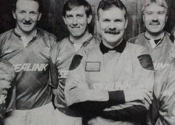 Members of the Larne Golden Oldies seven-a-side team who were beaten by their Ballymena counterparts at the Fun Night  in Inver Park. 1992