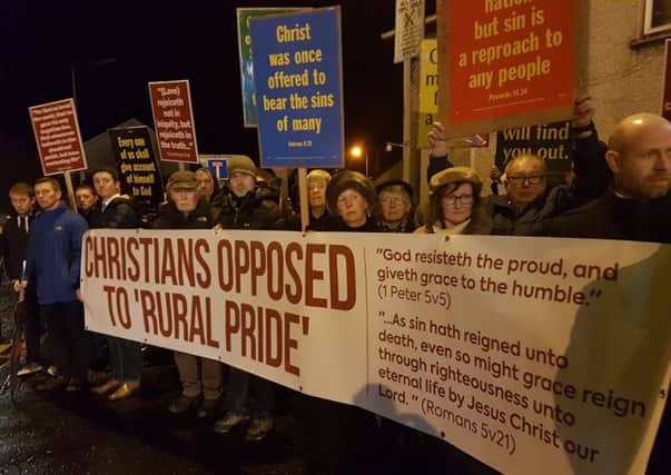 A protest organised by the Free Presbyterian churches of Mid Ulster outside the official launch of the Mid Ulster Pride Parade in Cookstown on Thursday night.
