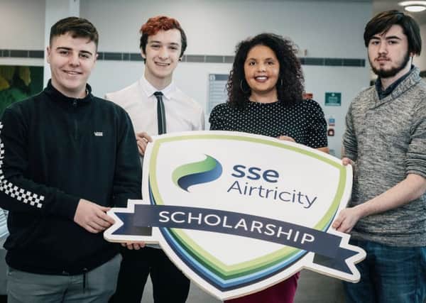 DARO Scholarships. dam Millar (Derry City), Alex McCrystal (Moneymore), Mia Fahey McCarthy (SSE Airtricity) and Matthew McLaughlin (Derry City)(Photo: Nigel McDowell/Ulster University)
